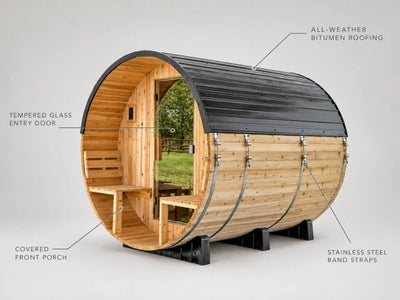 Outdoor Barrel Sauna Built for Year-Round Use, 4-6 Person Cedar Construction, 9kW Electric Heater, Wi-Fi Control