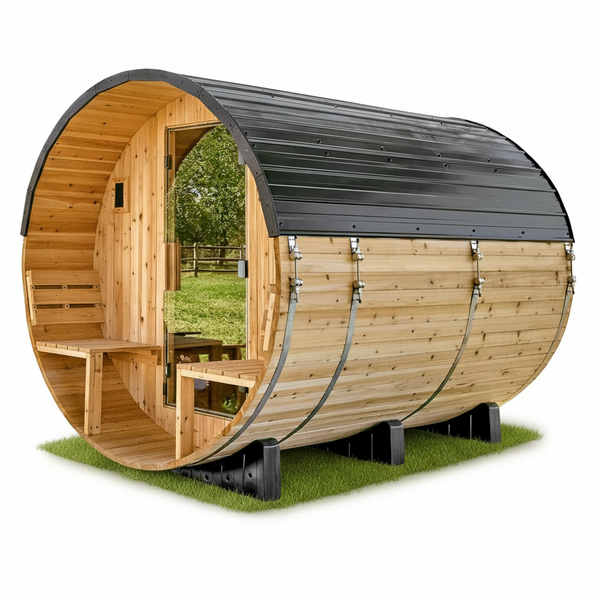 Outdoor Barrel Sauna Built for Year-Round Use, 4-6 Person Cedar Construction, 9kW Electric Heater, Wi-Fi Control