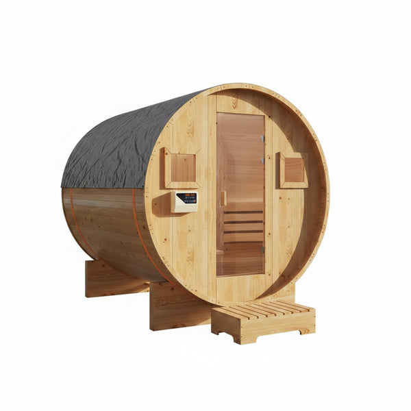 Outdoor Barrel Sauna Built for Year-Round Use, 4-6 Person Capacity, 6KW Electric Heater, Steam & Dry Options