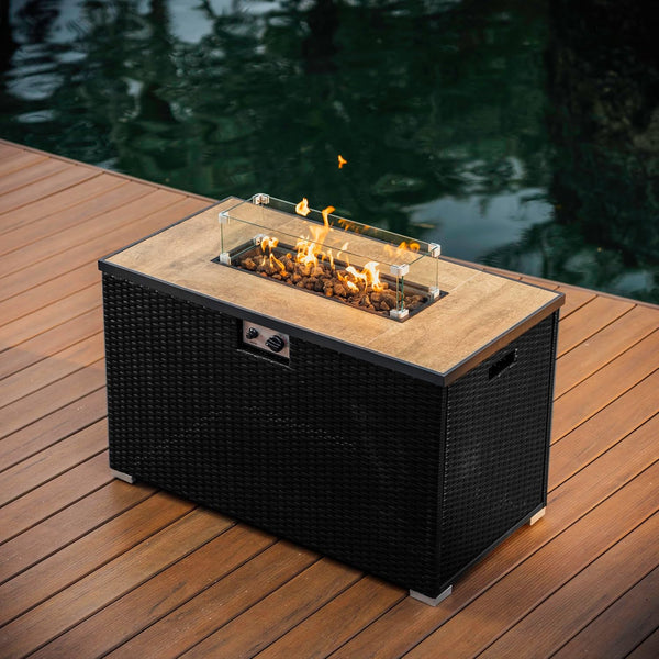Outdoor Propane Fire Pit Table Built for Backyard Gatherings, 50000 BTU Heat Output, Tempered Glass Shield, Rain Cover