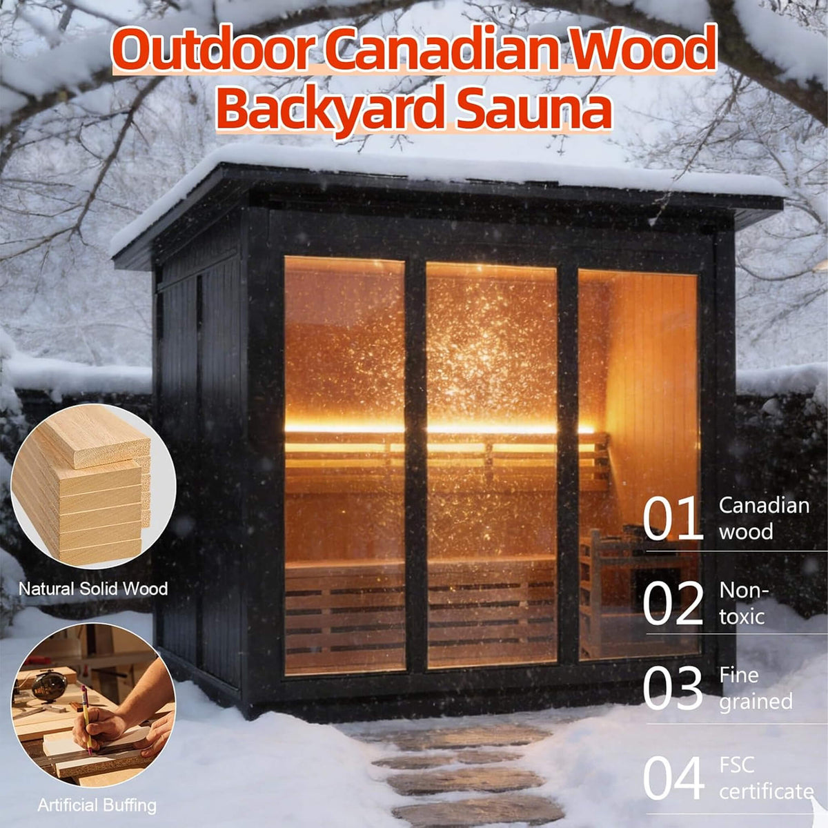 Custom 8-Person Luxury Canadian Hemlock Outdoor Steam Sauna With Double-Backed Bench, Heater And Stones [Made-To-Order] (SAK95107)