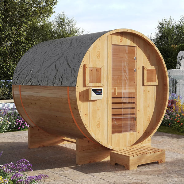 Outdoor Barrel Sauna Built for Year-Round Use, 4-6 Person Capacity, 6KW Electric Heater, Steam & Dry Options