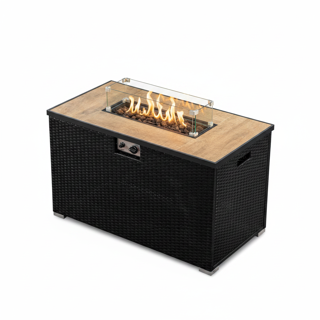 Outdoor Propane Fire Pit Table Built for Backyard Gatherings, 50000 BTU Heat Output, Tempered Glass Shield, Rain Cover