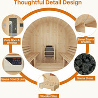 Outdoor Barrel Sauna Built for Year-Round Use, 4-6 Person Capacity, 6KW Electric Heater, Steam & Dry Options